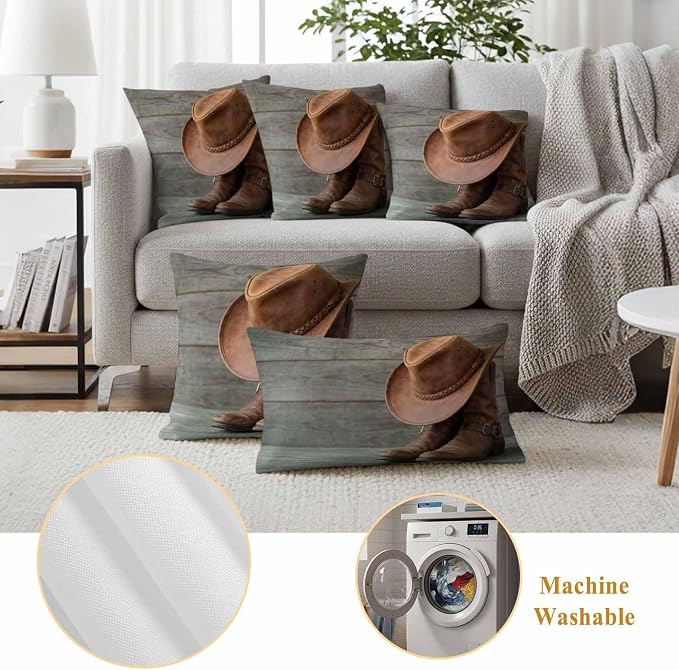 Outdoor Throw Pillow Covers,Western Cowboy Boots Hat Waterproof Decorative Pillowcases Cushion Cover Farm Wooden Plank Pillow Cases for Patio Couch Sofa Bed,24x42in Set of 2
