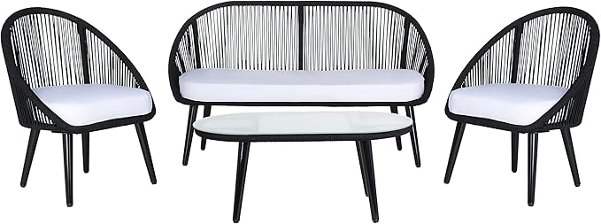 SAFAVIEH Outdoor Collection Halcott Black Rope/White Cushion 4-Piece Conversation Patio Set