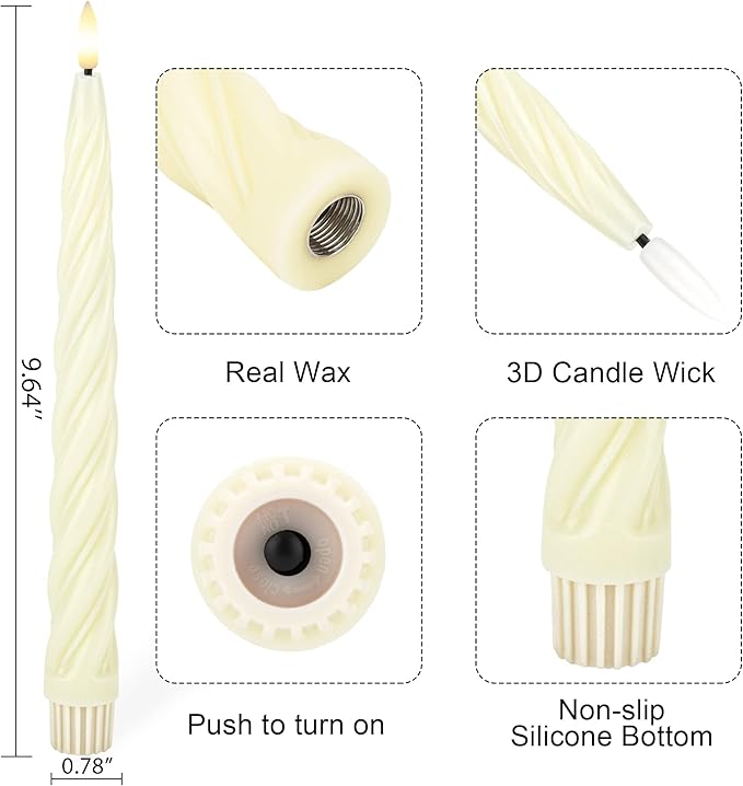Flameless Taper Candles with 3D Wick, 9.6" Real Wax LED Candles with Remote and Timer, 3 Pack Flickering Candlesticks Battery Operated, Spiral Taper Candle for Home, Wedding, Party, Ivory