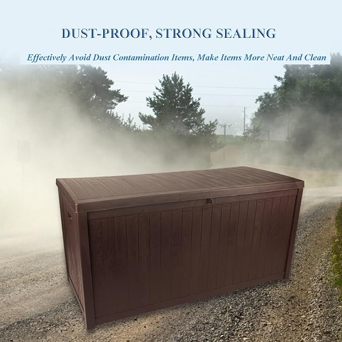 Outdoor Storage Deck Box, 100 Gallon Resin Patio Bin & Bench, Waterproof and Sunproof Patio Storage Box, Wood Grain, Brown
