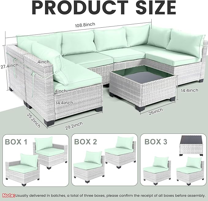 CHABATREE 7 Pieces Outdoor Patio Furniture Sets,Rattan Conversation Sectional Set,Manual Weaving Wicker Patio Sofa with Tea Table