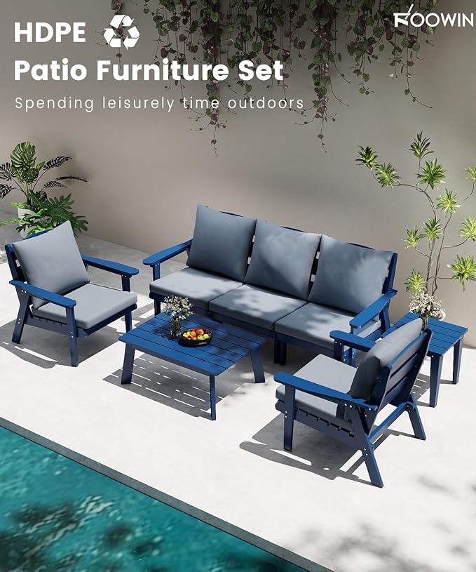 FOOWIN 7-Piece Patio Furniture Set, HDPE All-Weather Outdoor Conversation Set with Thick Cushions, Sectional Patio Sofa Furniture for Deck, Porch, Lawn, Garden, Navy Blue Frame & Grey Cushion