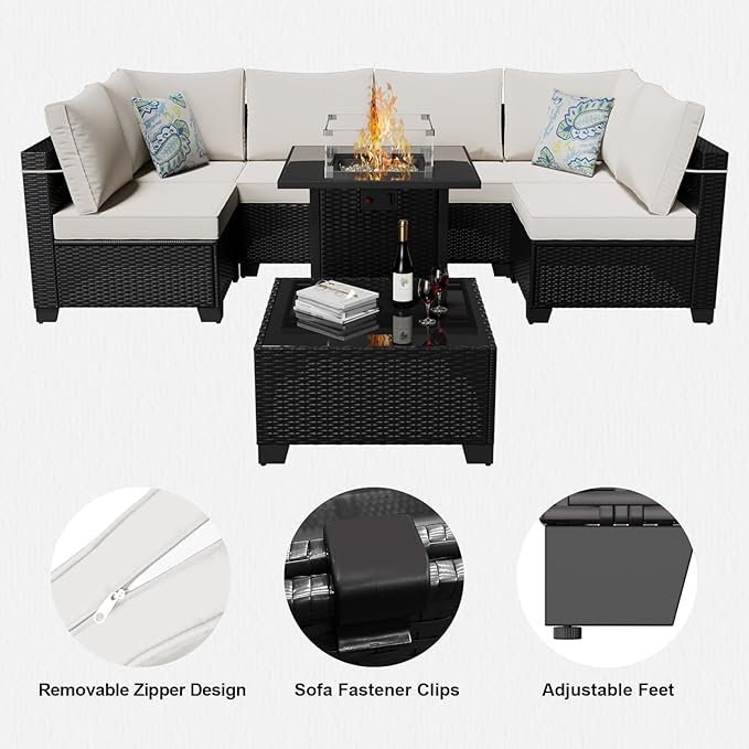 8 Pcs Patio Furniture Set with Fire Pit Table Wicker Outdoor Sectional Sofa, Conversation Set Perfect for Backyard, Garden, Deck (Coffee/Beige)