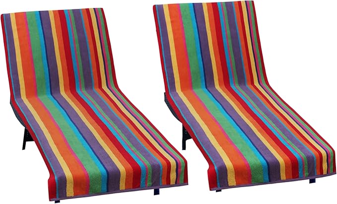 COTTON CRAFT Pool Lounge Chair Cover - 2 Pack Summer of Siam Dobby Terry Towel Chaise Lounge Cover - Soft 100% Cotton Beach Chair Cover - Oversized 32 in W x 82 in L x 7 in Pocket – Multi Color Stripe
