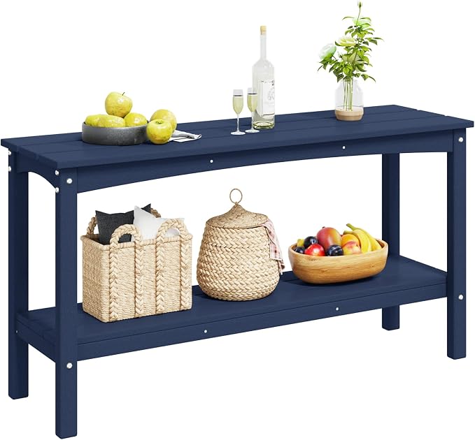 Costaelm Adirondack Outdoor Side Table, 55” HDPE Small Outside Table with Storage Shelf, Weather Resistant Plant Shelf, Outdoor Coffee Table and Buffet Table for Pool & Yard, Navy Blue