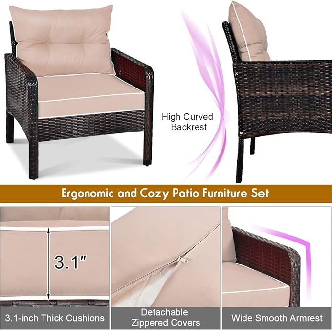 Tangkula 5 Pieces Wicker Patio Furniture Set, PE Rattan Outdoor All Weather Cushioned Sofas and Ottoman Set, 2-Person Outside Conversation Set for Lawn, Poolside, Yard, Balcony, Deck, Coffee