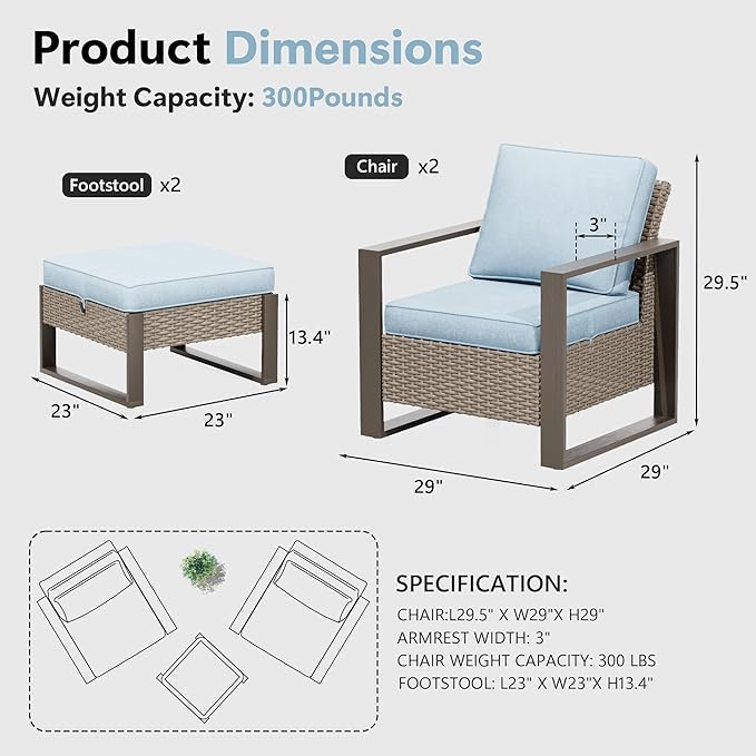 4 Piece Patio Furniture Set, Outdoor Wicker Chair and Ottoman, Metal Patio Furniture with Deep Seating, Thicken Cushions for Deck, Porch, Yard Use (Azure, 4 PCS/Chairs)