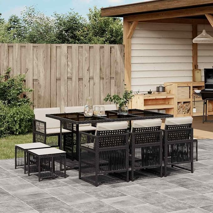 10-Seater Garden Dining Set with Black Poly Rattan Table and Cushioned Chairs for Patio