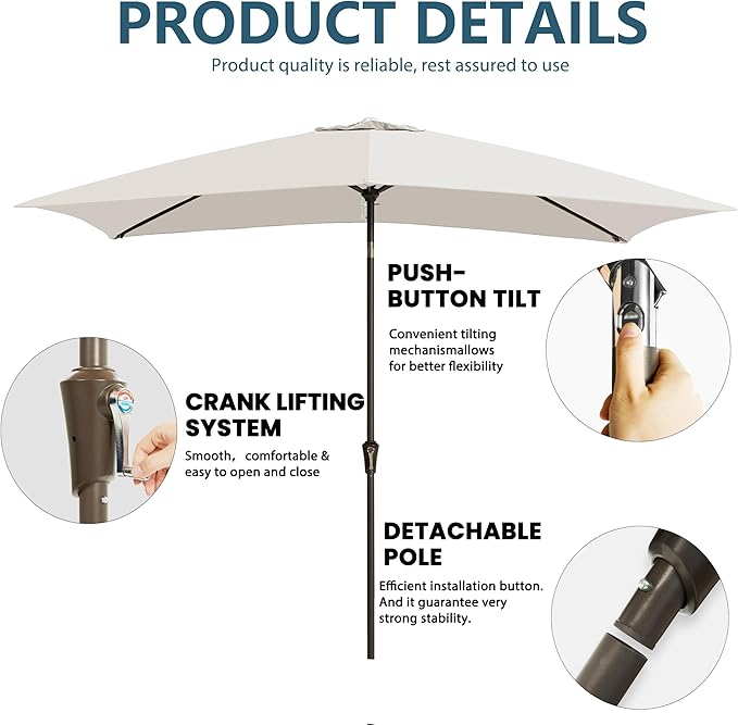 6.5x10FT Rectangular Patio Umbrella with Push Button Tilt & Crank Lift for Garden,UV Protection Outdoor Umbrella for Deck,Pool and Yard,White
