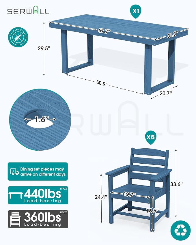 SERWALL HDPE Outdoor Dining Set for 6, 67'' Patio Table and Chairs Set | with Armchair Seat
