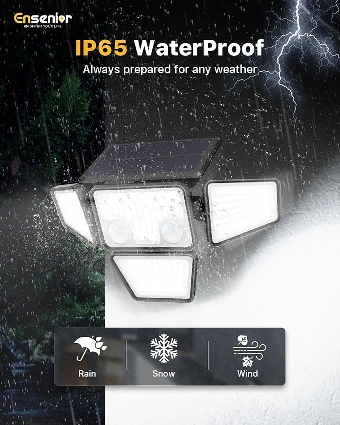 Ensenior Solar Lights Outdoor, Motion Sensor Outdoor Light with Remote Control, IP65 Waterproof 279 LED 4 Heads Solar Security Light with 4 Mode, 270° Wide Angle Solar Flood Light for outdoor, 4 Packs