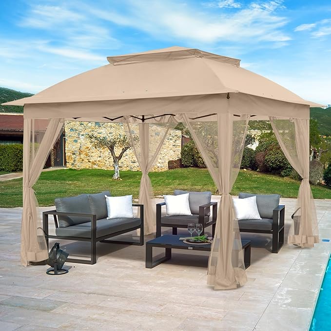 11x11 Pop Up Gazebo Tent with Mesh Netting, Instant Outdoor Canopy with UPF 50+ UV Protection, Water Resistant, Khaki