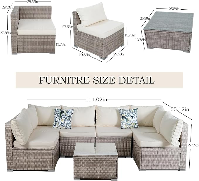7 Piece Outdoor Patio Sectional Sofa Set, All-Weather Wicker Patio Furniture Set, with able Cushions & Tempered Glass Table for Backyard, Poolside, Garden Patio Conversation Sets