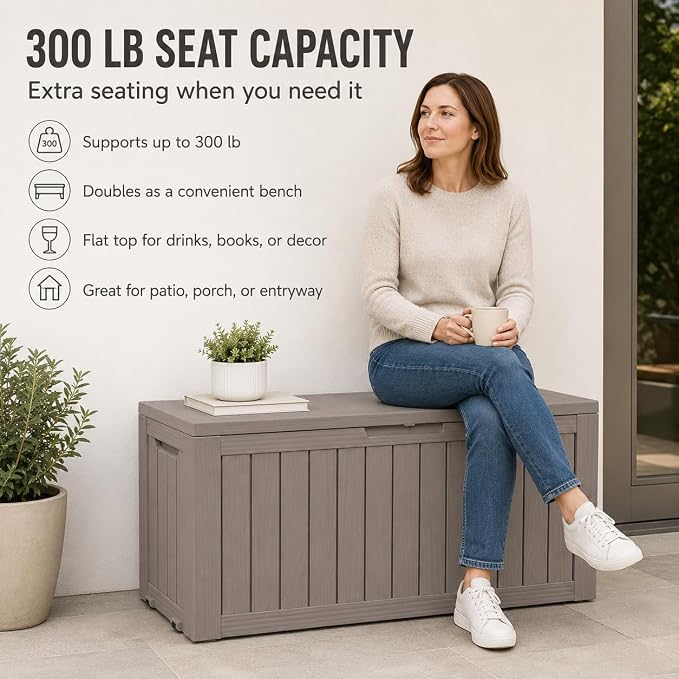 Outdoor Deck Patio Storage Box - 80 Gallon Resin Outside Storage Bin with Lid for Patio Cushions, Garden Tools, Pool Accessories & Backyard Toy Storage, Brown