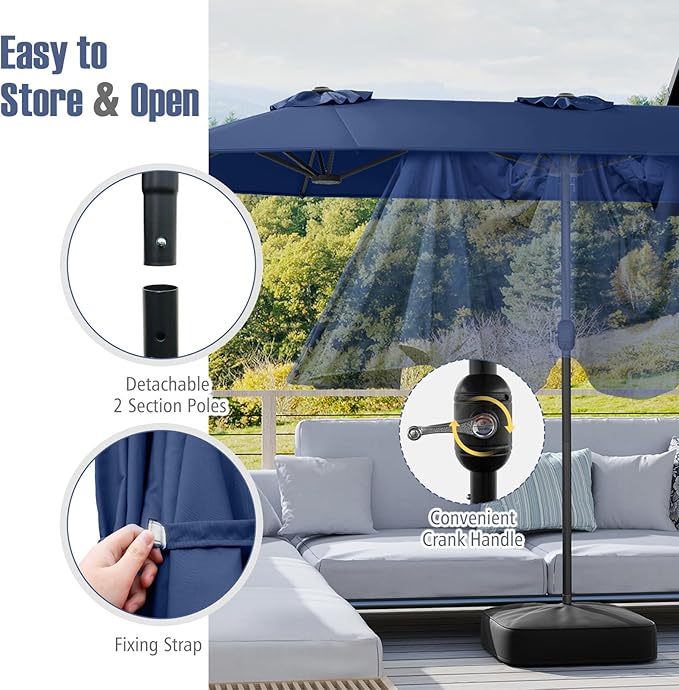 Tangkula 13FT Double-sided Patio Umbrella, Extra Large Twin Table Umbrella with Crank Handle, Umbrella Base, Safety Lock, Air Vent, Outdoor Market Umbrella for Garden Pool Backyard (Navy)