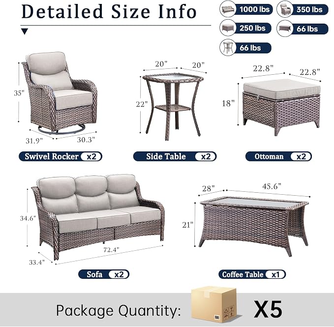 Luxury 6" Thick Cushion 9 Pieces Wicker Patio Furniture Set with High Back Swivel Rocker Chairs, Outdoor Conversation Set with Patio Couch for Deck Porch Yard and Poolside