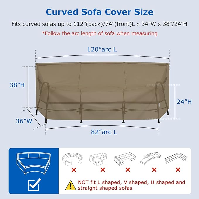 SunPatio Outdoor Sectional Sofa Cover, Heavy Duty Waterproof Curved Furniture Couch Cover 120 Inch, Fade Resistant with Sealed Seam, 120"(back)/82"(front)L x 36"W x 38"/24"H, Taupe