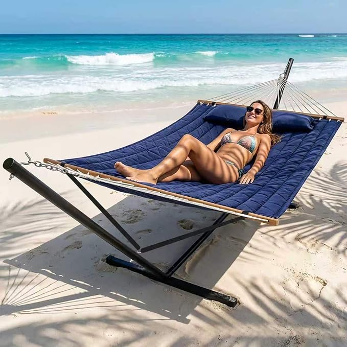 Portable Outdoor Hammock with Stand, Heavy Duty Hammock with Carrying Bag, Soft Pillow, Balance Ropes