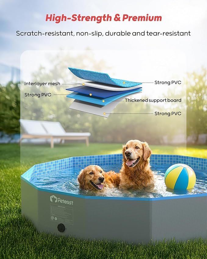 Peteast Foldable Dog Pool with 2 Flying Disks, Durable Hard Plastic Dog Swimming Pools for Large Dogs, Collapsible Pet Pool for Backyard & Indoor, Ideal Kiddie Pools for Dogs and Kids, 71 in