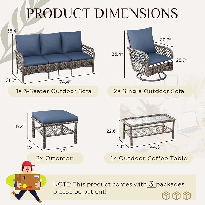 AECOJOY Patio Furniture Set Outdoor Sectional Sofa Couch and High Back Swivel Rocker Patio Chairs 6PCS Brown Wicker Conversation Set (6PCS- Whole Set, Dark Blue)