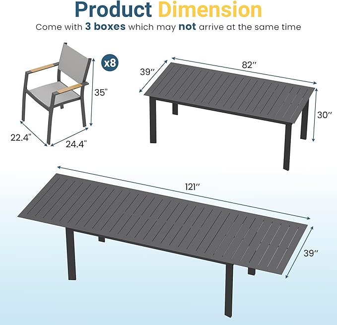 FansaFurn Patio Furniture Set with 121" Extendable Dining Table, Patio Table Set for 4–8 People, All-Weather Aluminum Outdoor Furniture, Outdoor Dining Set for Backyard, Porch, and Garde, Grey