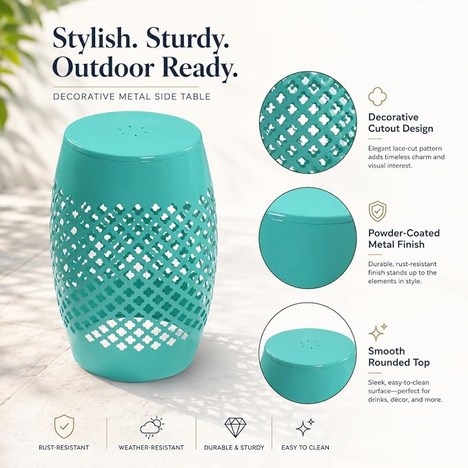 12" Outdoor Side Table, Decorative Cutout Metal Round Side Table, Multi Functional - Coffee Table, Night Stand, Plant Stand for Patio, Garden, Backyard, Gazebo Indoor (Green)