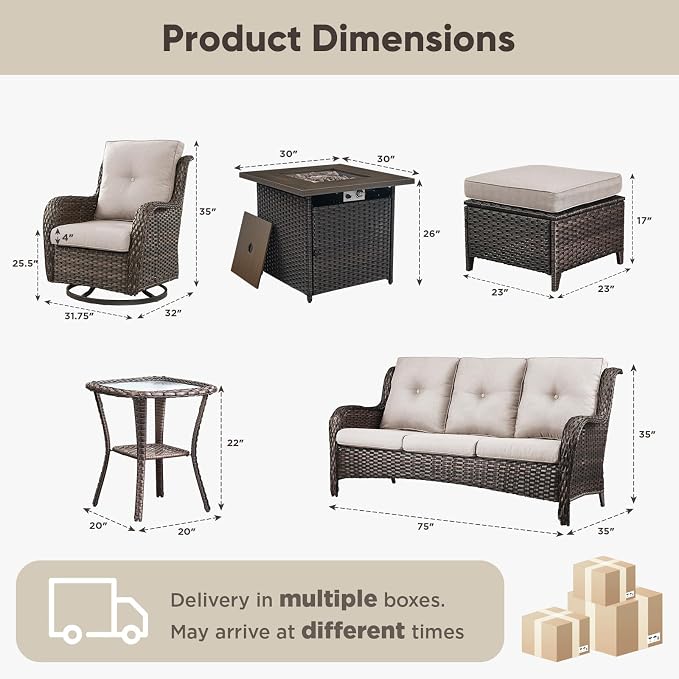 Belord Patio Furniture Set with Fire Pit Table,7 Piece Wicker Outdoor Furniture Set, Swivel Rocker Chairs with Ottomans and Sofa, All Weather Patio Conversation Set, for Pool,Yard,Brown Wicker/Beige