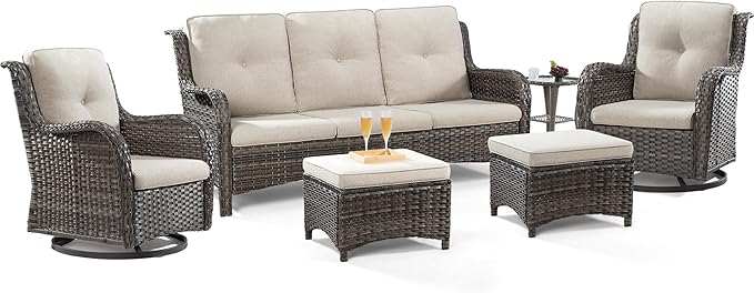 Wicker Patio Furniture Set 6 Piece Set with 1 Three-Seat Sofa, 2 Swivel Rocker Chairs, 2 Ottomans and 1 Side Table, Outdoor Furniture Patio Conversation Sets(Mixed Grey/Beige)