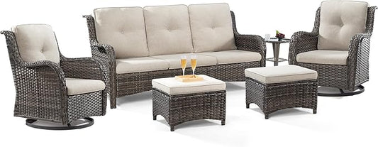 Wicker Patio Furniture Set 6 Piece Set with 1 Three-Seat Sofa, 2 Swivel Rocker Chairs, 2 Ottomans and 1 Side Table, Outdoor Furniture Patio Conversation Sets(Mixed Grey/Beige)