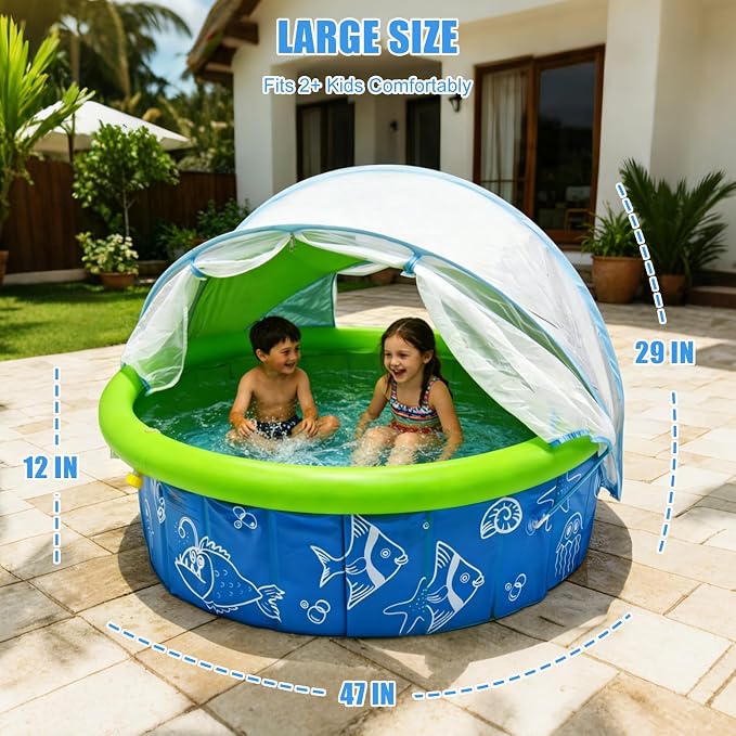 Mostop Kiddie Pool with Canopy: 47in Foldable Toddler Pool with Sprinkler & Mosquito Net,Pop Up Baby Beach Pool with Shade,Portable Swimming Pool for Kids,Outdoor Summer Essentials for Beach, Backyard