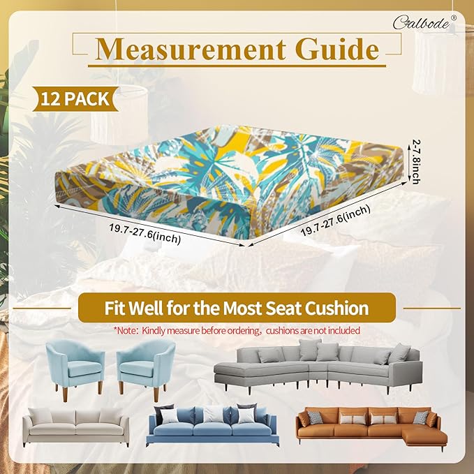 CALBODE 12pcs Outdoor Tropical Plant Printed Sofa Seat Cushion Covers Strechable, Dustproof Elastic Half-Covered Sofa Covers Washable Reusable Patio Furniture Protector（Blue and Yellow, Cover Only）
