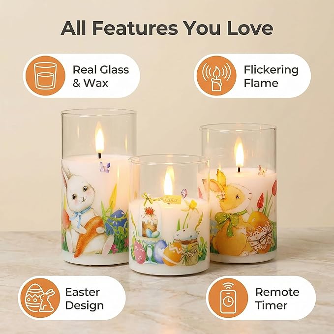 Eywamage Spring Flameless Candles with Remote, Glass LED Pillar Candles Flickering Battery Operated Easter Home Table Decor Set of 3