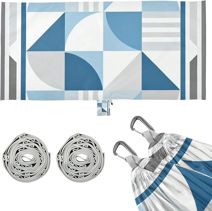 Geometric Blue Pattern Hammocks with Hanging Rope Tree Hammock for Outside Patio Backyard Poolside
