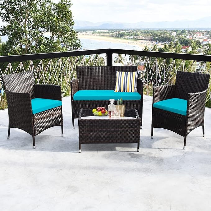 4 Pieces Patio Sofa Set, Wicker Conversation Set with Ergonomic Curved Backrest, Rattan Furniture Set with Water-Resistant Cushion & Tempered Glass Table for Balcony, Porch (Turquoise)