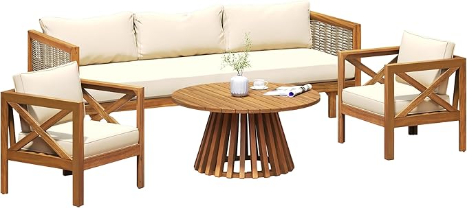 Merax Outdoor 4-Piece Acacia Wood Conversation Set - Patio 3-Seat Loveseat Sofa Daybed with Cushion, 2 Armchair and Round Coffee Table for Backyard, Lawn, Balcony, Beige + Teak