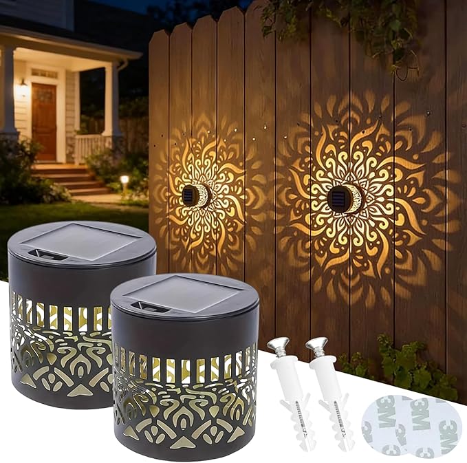 DDRIC Decorative Solar Mandala Lights, Metal Solar Powered Outdoor Wall Sconces, Waterproof Step Lights, Warm Yellow Glow, for Garden Fence Patio Deck Yard Decor (2PCS)