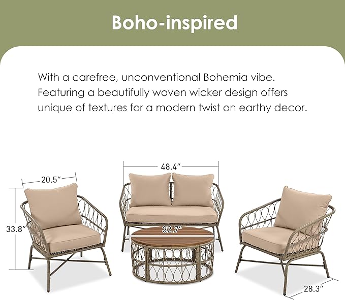 Bohemia-Inspired 4-Person Outdoor Seating Group with Loveseat, 2 Chairs and Table, All Weather Conversation Patio Set with Wood Tabletop and Washable Cushions for Backyard Poolside Garden