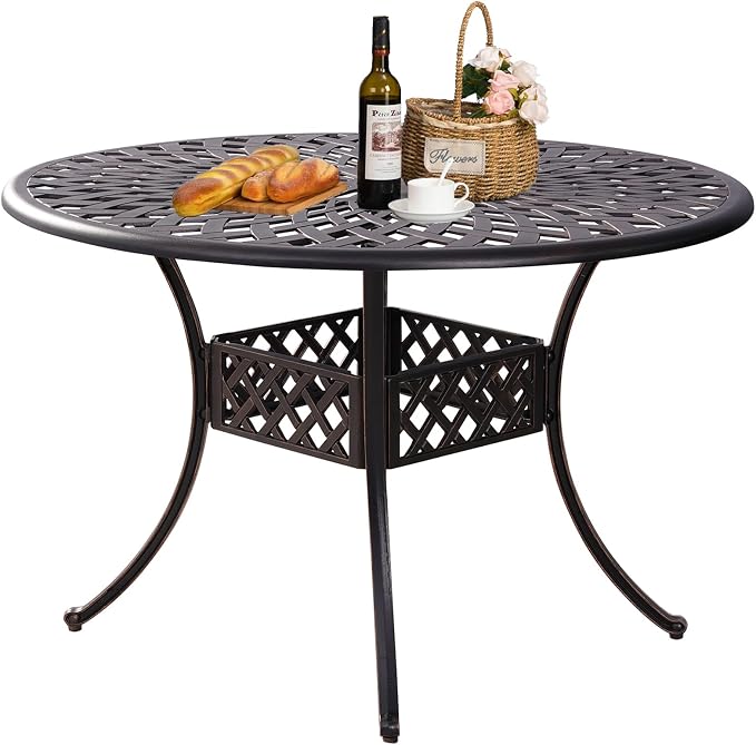Outdoor Round Cast Aluminum Patio Dining Table with Umbrella Hole, 42" Outdoor Table Metal Frame for Backyard Lawn Balcony Deck, Bronze (42" Round Table)