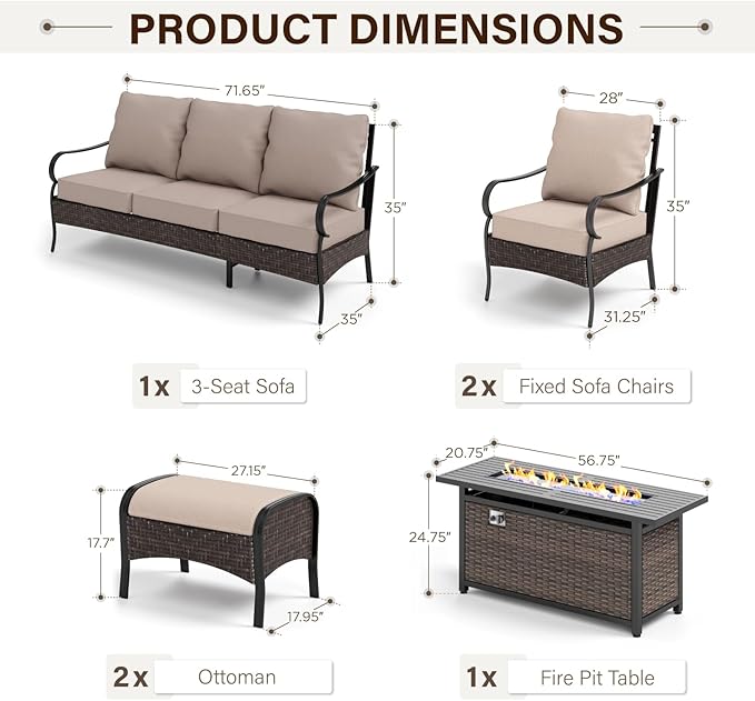 GREEN PARTY Extra Large Outdoor Patio Furniture Set with 56" Fire Pit Table 6 Pieces for 7, Modern Metal Patio Conversation Sets with High Back 3-Seat Sofa, 2 Fixed Chairs, 2 Ottoman, 1 Pit Table