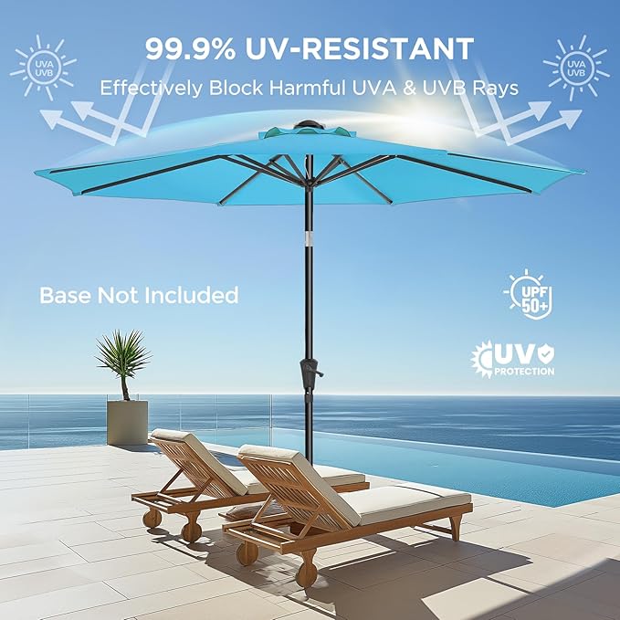HOMSHADE 9ft Outdoor Patio Umbrella - UPF50+ UV Protection Market Patio Table Umbrella with Push Button Tilt, Crank and 8 Sturdy Ribs for Pool Deck and Garden (Light Blue, No base)