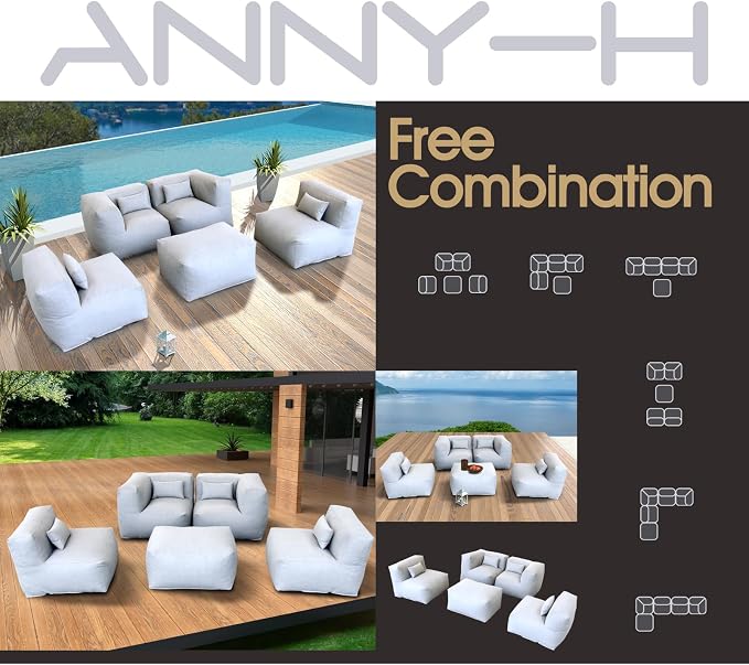 ANNYH Modern Calaluna 5Pc Patio Garden Furniture Sectional Conversation Set Combines 2Middle 2Corner 1Ottoman/CoffeeTable -Exp Foam Filling Chairs - UNIQUE Modular Contemporary Sofa (Cloud Gray)
