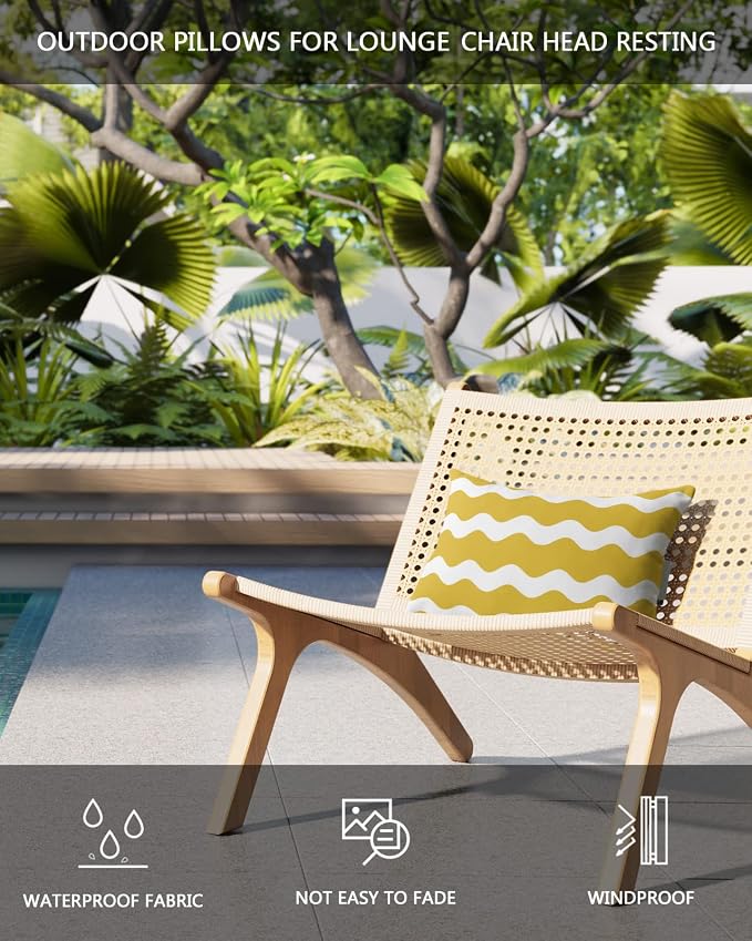 Outdoor Pillows Covers with Inserts Yellow Wavy Stripes Waterproof Recliner Pillow with Adjustable Strap Throw Pillows for Patio Furniture Pool Lounge Chair, 11x16 inch, 1PCS