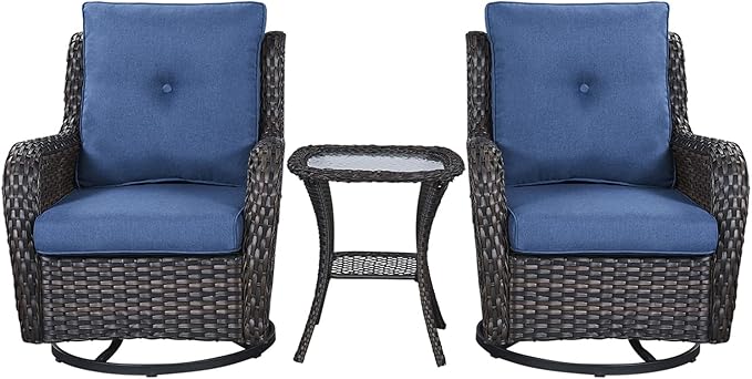 Rilyson Wicker Rocking Chair Swivel Chairs - 3 Piece Rocker Patio Furniture Set Rattan Rocking Bistro Sets with Glass Top Side Table for Outdoor Porch Deck Garden Backyard (Brown/Blue)