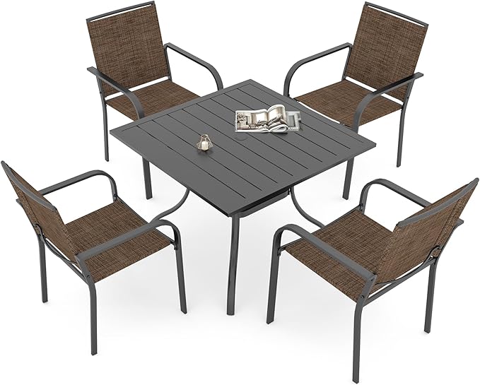 Anmutig Outdoor Patio Dining Set for 4 Person with 35‘’ Square Table and 4 Brown Tan Stackable Chairs