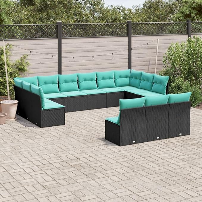 13 Piece Patio Sofa Set with Cushions, Sectional Sofa Garden Lounge Set Outdoor Dining Sets Patio Conversation Set for Negotiation Area Poolside Garden Piazza Black Poly Rattan