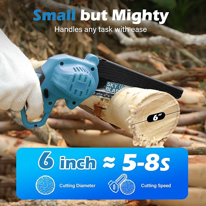 6 Inch Mini Chainsaw Cordless, Portable Electric Chainsaw, for Wood Cutting, Tree Trimming, Courtyard, Household, and Garden Blue
