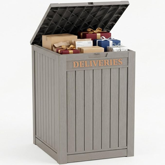 Outdoor Storage Box, 70 Gallon Package Delivery Boxes for Outside, with Lockable Secure, Deck Box Outdoor Waterproof for Entryway, Front Porch, Backyard, Garden, Patio, Lawn, Grey