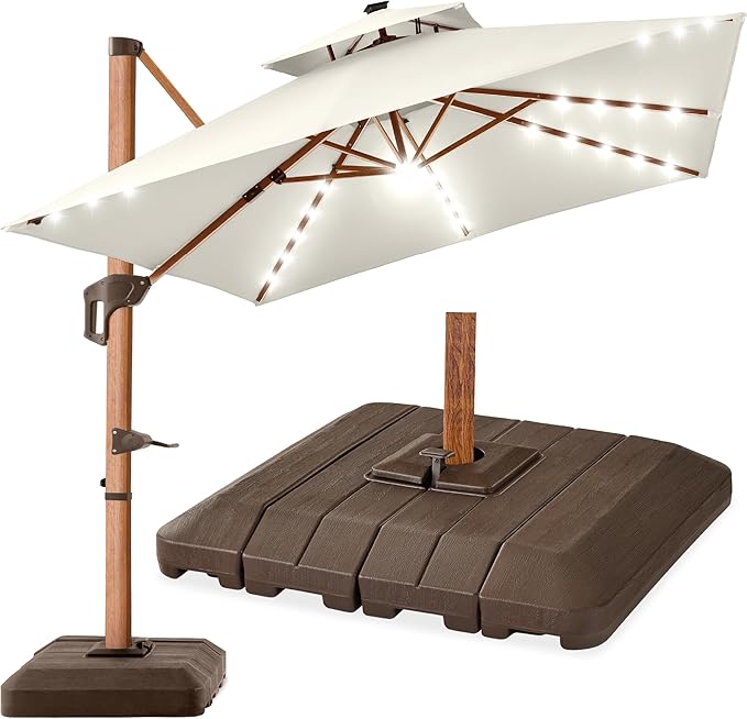 Best Choice Products 10ft Square Cantilever Patio Umbrella w/Base Included, Woodgrain Pattern Pole & Solar LED Lights, 360-Rotation, Offset Hanging Outdoor Shade