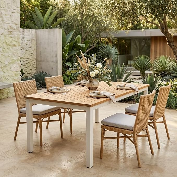 Hives & Honey Catalina Rectangular Outdoor Dining Table, Grade-A Teak Wood Patio Table with Aluminum Legs & Umbrella Hole, Seats 4–6, White