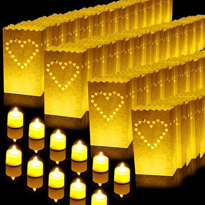 Sabary 50 Sets Luminary Bags with Flameless Tea Lights Outdoor Luminaries LED Lantern Candle Bags for Wedding Birthday Ramadan Christmas Party Decorations Romantic Decor(Heart)